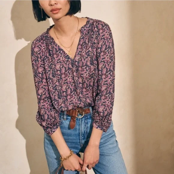 Faherty Portia Top with Fiona Black Floral Print Medium - Picture 1 of 6